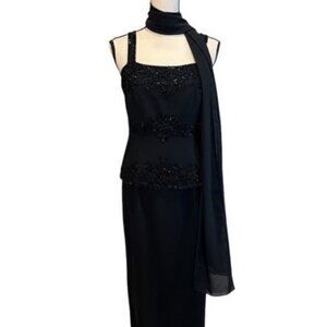 Marsoni Black Beaded Crepe Peplum Dress With Wrap/Scarf